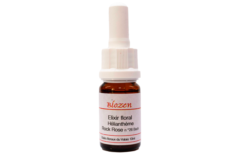 Dropper bottle with white cap and label reading Biozen, Elixir floral, Rock Rose Bach, about 10 ml